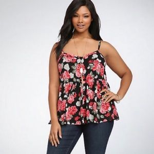 Torrid Black & Red Rose Floral Babydoll Tank Cami
